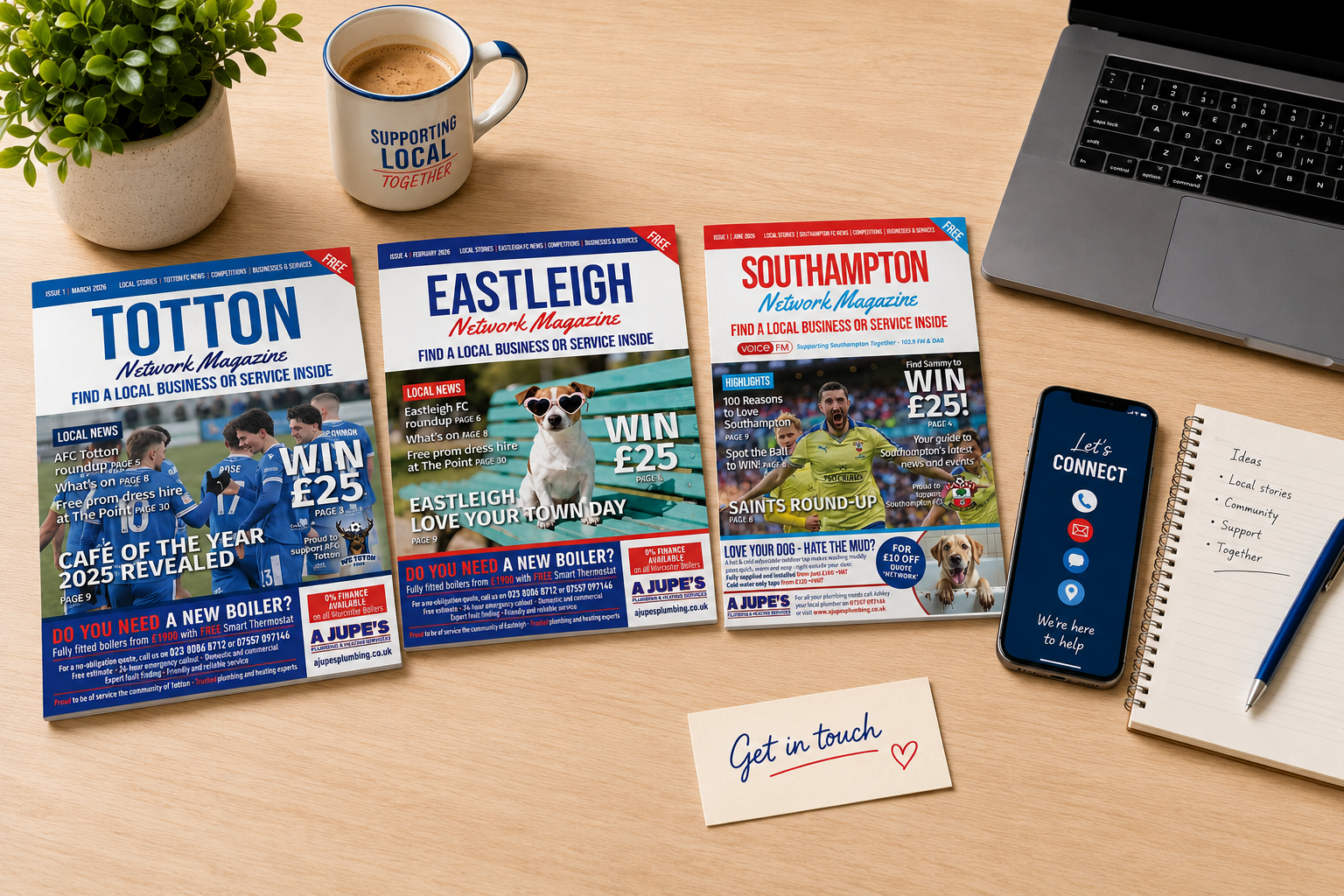 Totton, Eastleigh and Southampton Network Magazines on a desk with coffee, laptop, phone showing Let's Connect and a Get in touch note