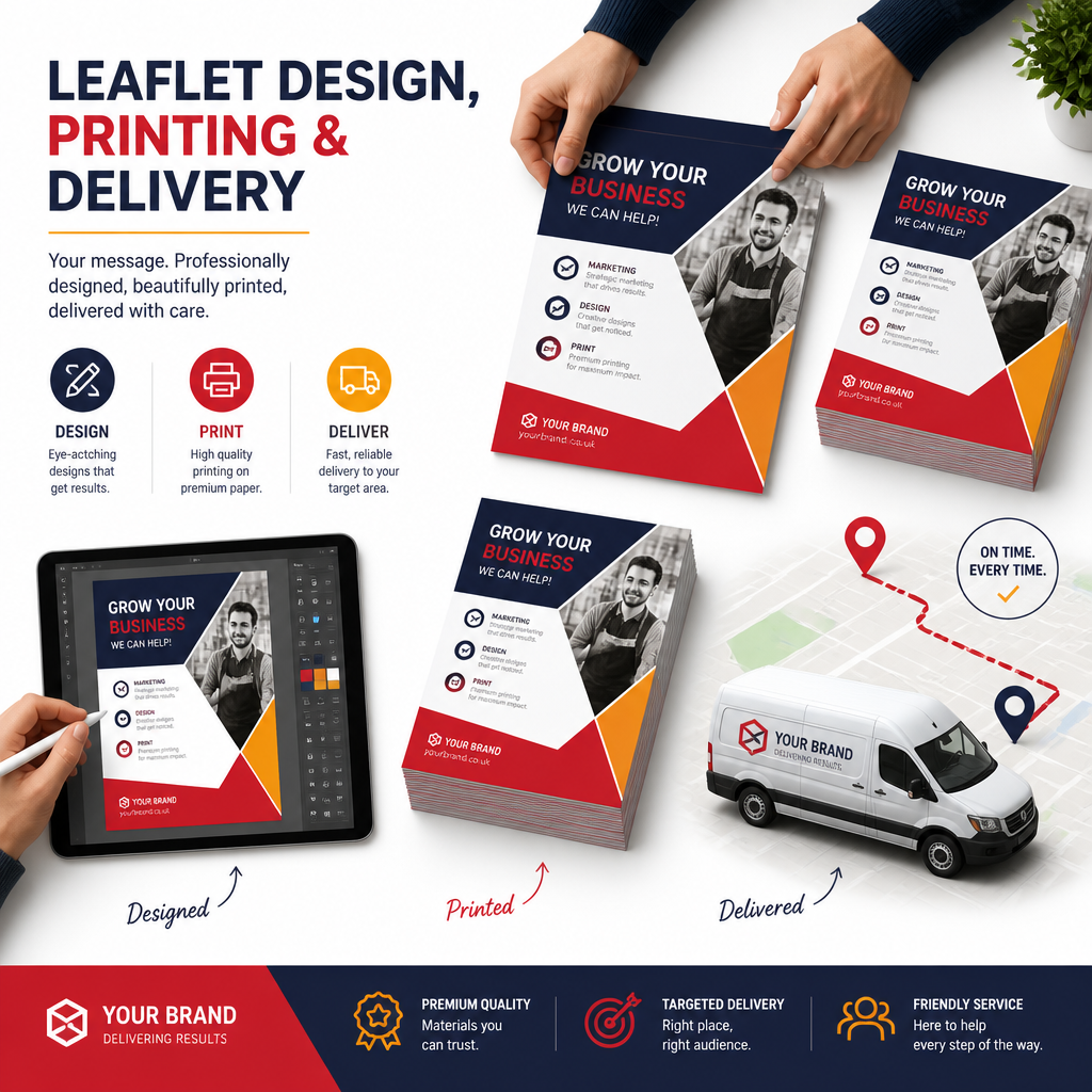 Leaflet design, print and delivery services illustration